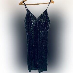 Deep Green Sequin Mini Dress Spaghetti Straps Body Con YaYa Co. Size Large